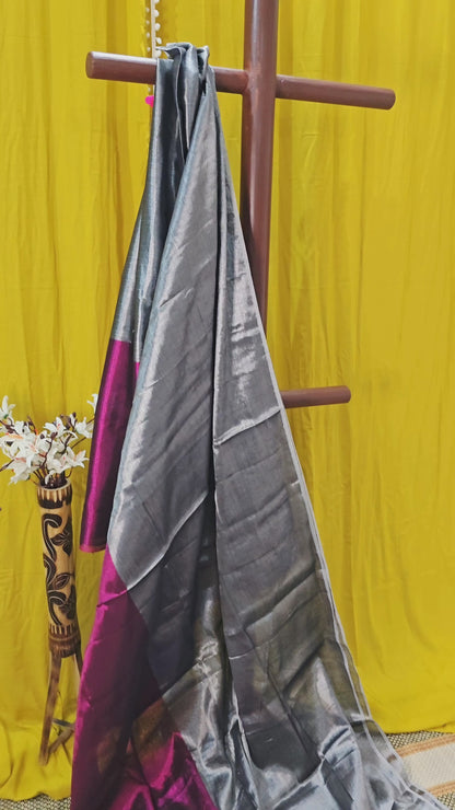 Elegant Pink and Silver Dual Shade Tissue Cotton Saree for Festive Wear