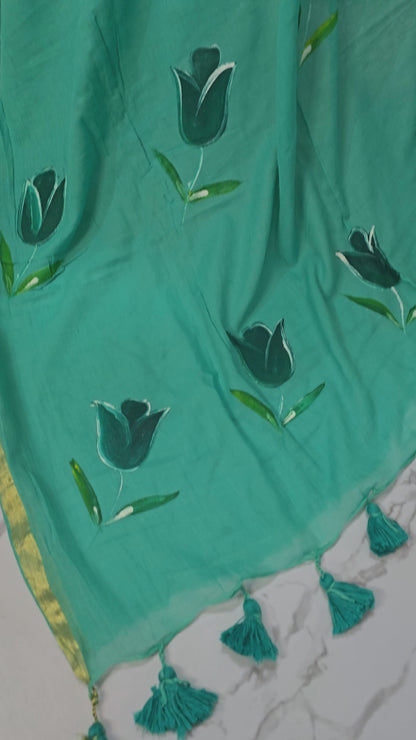 Artistic Blue Mul Cotton Saree with Elegant Hand Painted Detailing for Festive & Daily Wear