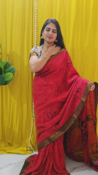 Stylish Red Kalamkari Mangalagiri Silk Saree with Nizam Border and Hand Block Design