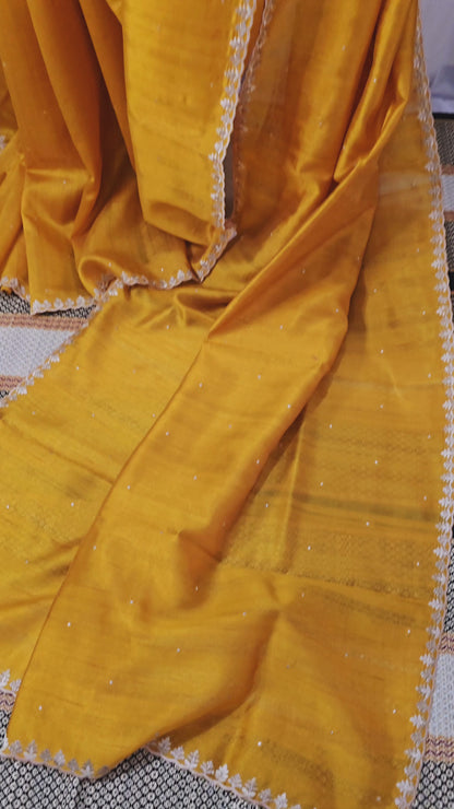 Elegant Yellow Tussar Silk Saree with Silver Embroidery Border for Festive and Party Wear