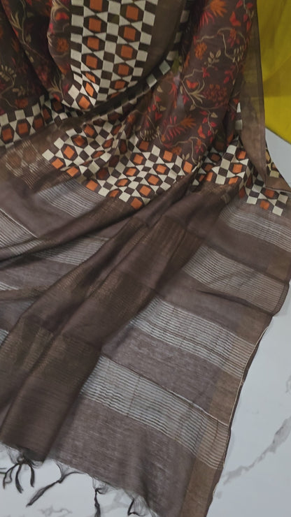 Beautiful Brown Munga Silk Saree with All Over Flower Design for Festive Wear