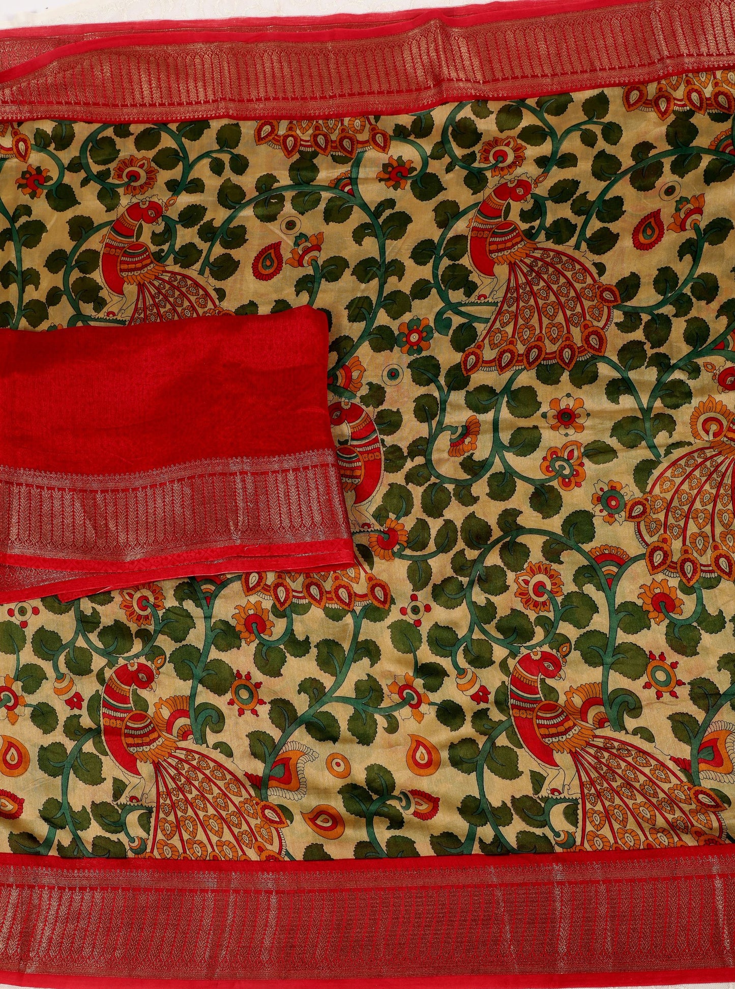 Beige Chanderi Silk Saree with Peacock Kalamkari Print & Red Zari Border