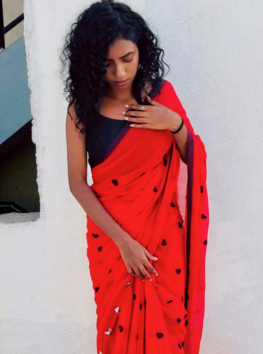 Classic Red Mul Cotton Saree with Minimal Black Butta & Contrast Border