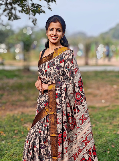 Elegant Cream Kalamkari Mangalagiri Silk Saree with Antique Gold Border