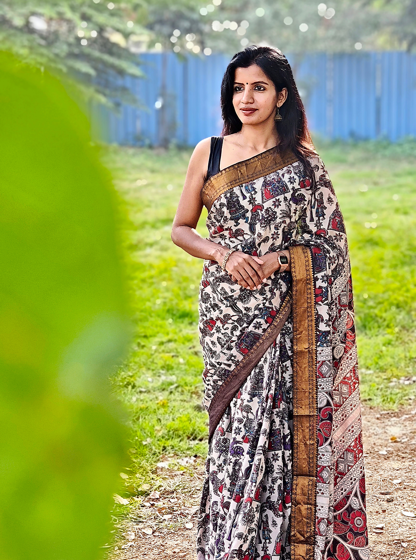 Elegant Cream Kalamkari Mangalagiri Silk Saree with Antique Gold Border