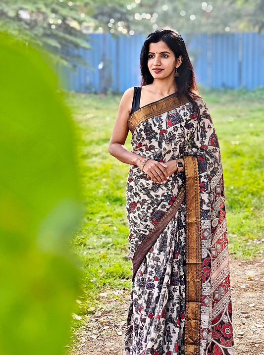 Elegant Cream Kalamkari Mangalagiri Silk Saree with Antique Gold Border