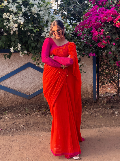 Vibrant Orange Mul Cotton Saree – Soft Lightweight Everyday Elegance