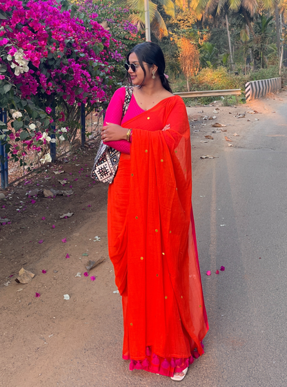 Vibrant Orange Mul Cotton Saree – Soft Lightweight Everyday Elegance
