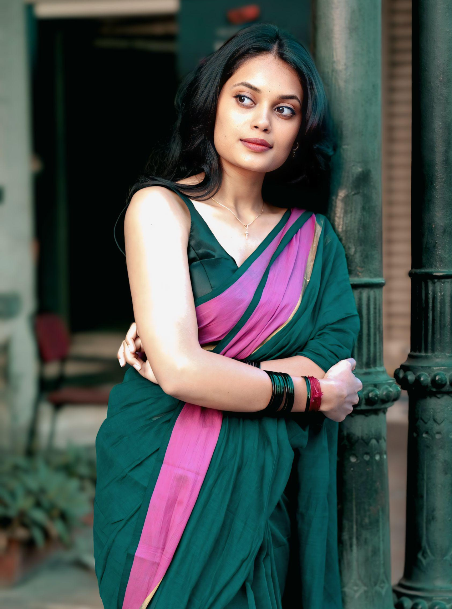 Teal Green Mul Cotton Saree with Pink Contrast Border – Everyday Comfort Elegance