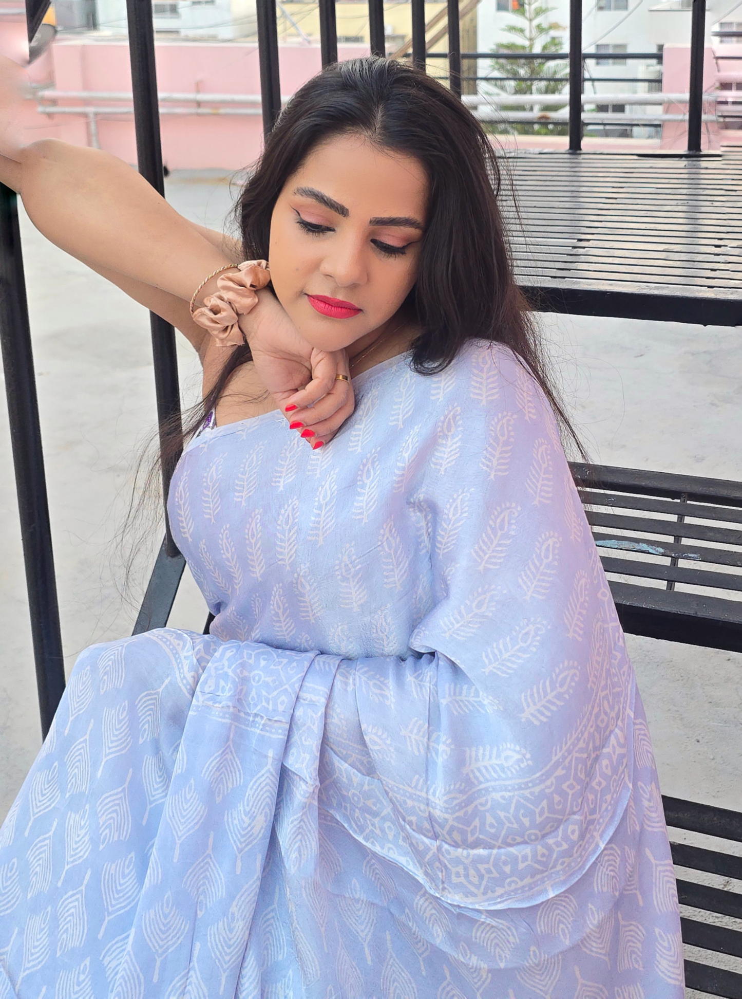 Pastel Blue Modal Silk Saree with White Prints – Soft Flow Luxury Drapes