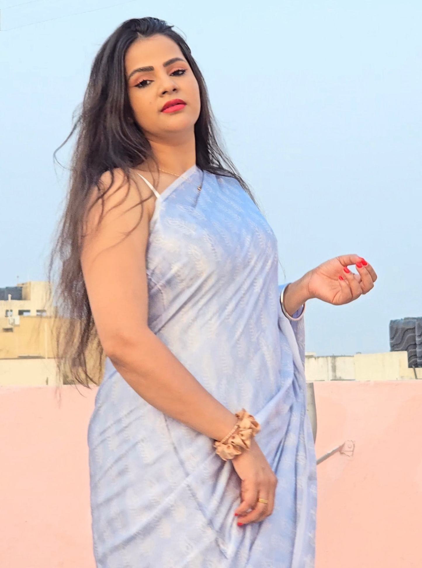 Pastel Blue Modal Silk Saree with White Prints – Soft Flow Luxury Drapes