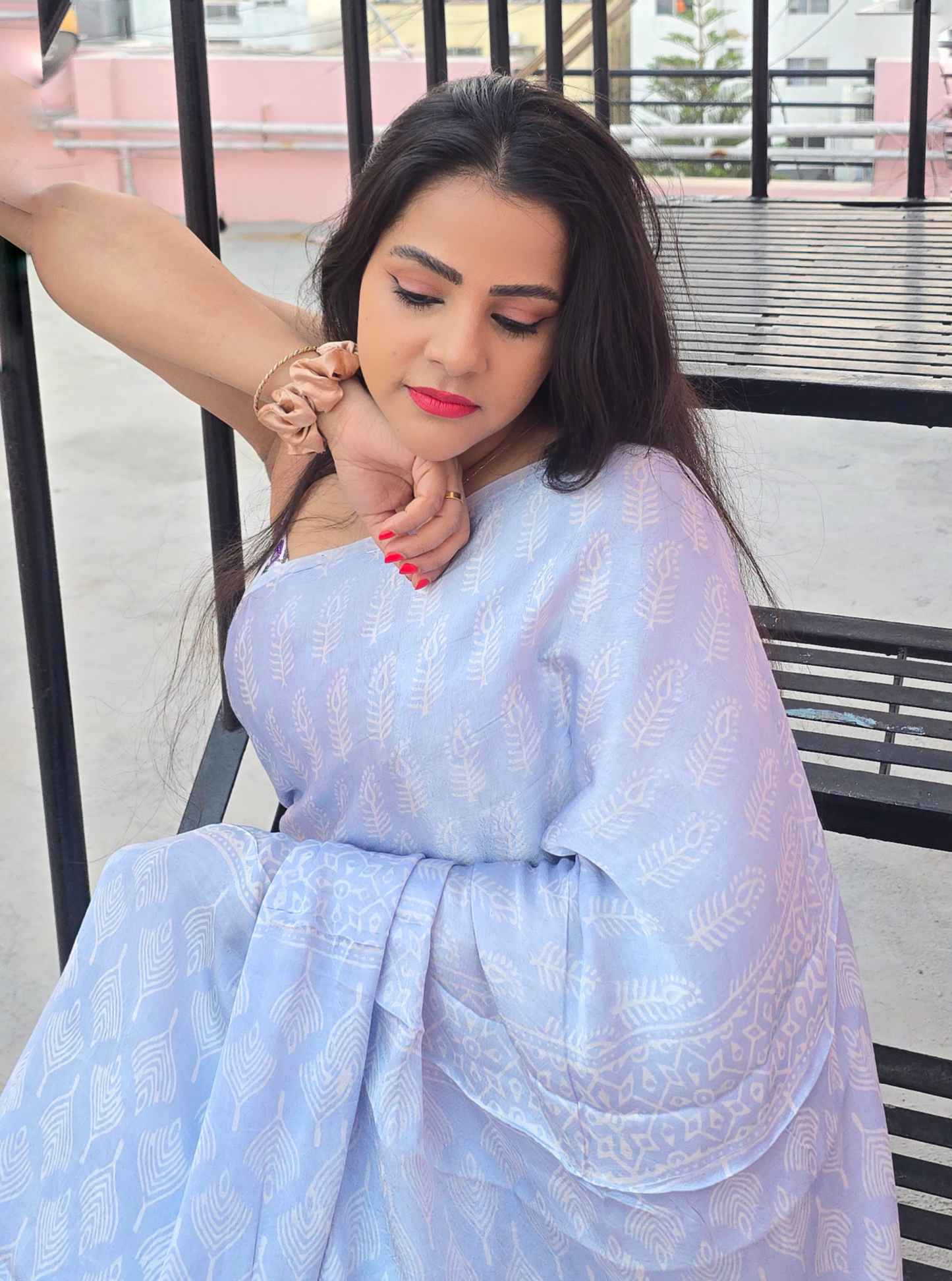 Pastel Blue Modal Silk Saree with White Prints – Soft Flow Luxury Drapes