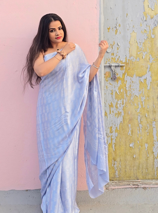 Pastel Blue Modal Silk Saree with White Prints – Soft Flow Luxury Drapes