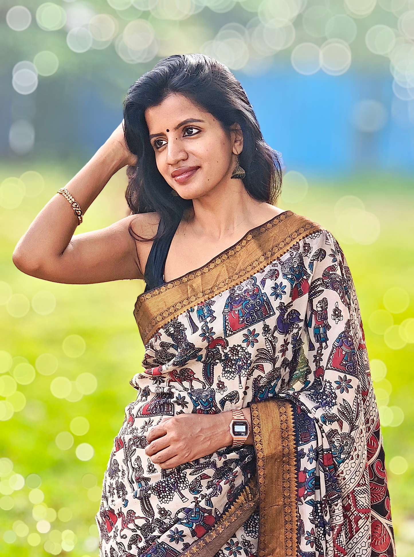 Elegant Cream Kalamkari Mangalagiri Silk Saree with Antique Gold Border