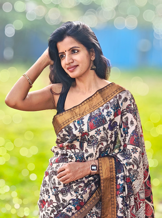 Elegant Cream Kalamkari Mangalagiri Silk Saree with Antique Gold Border