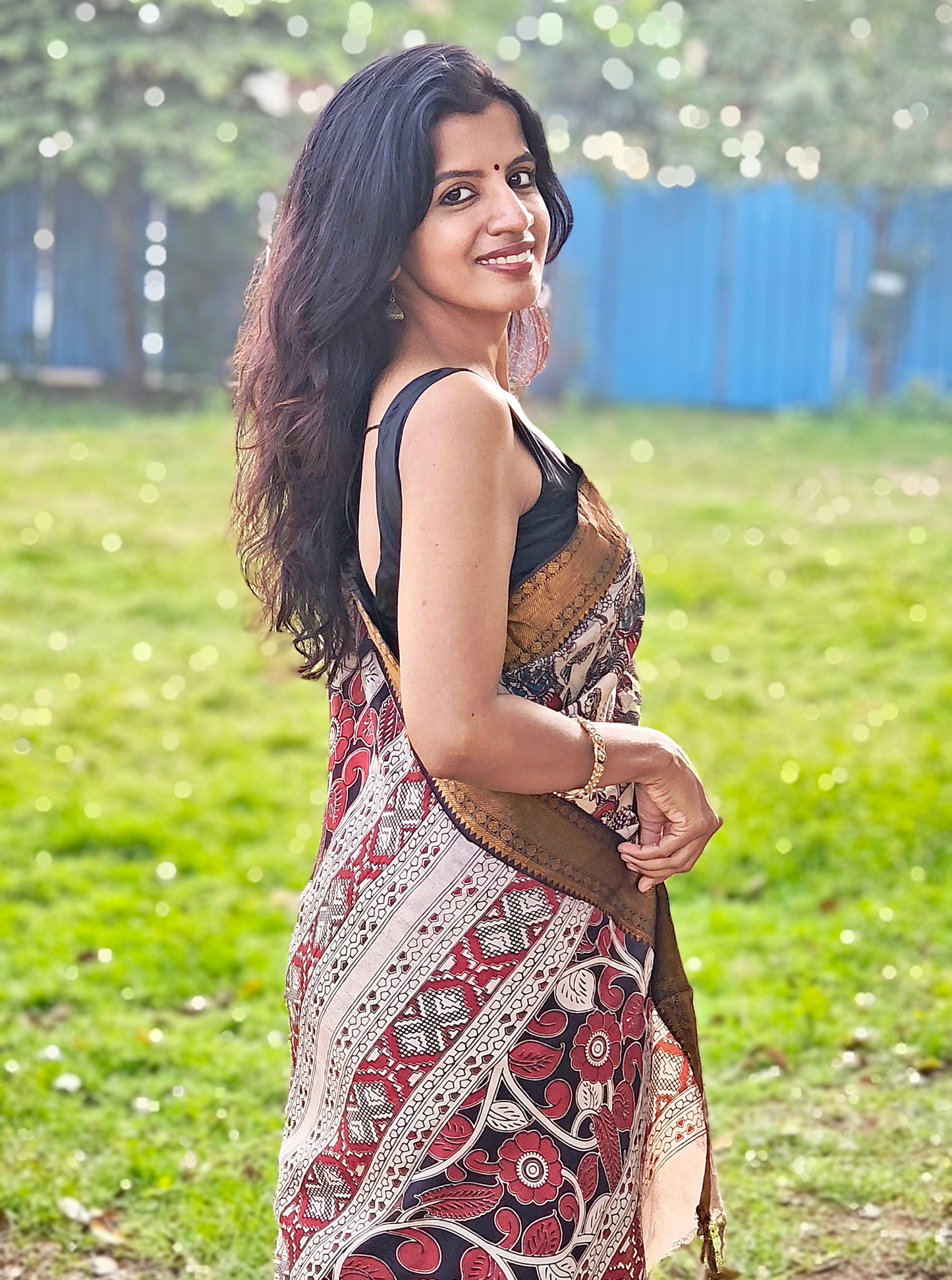 Elegant Cream Kalamkari Mangalagiri Silk Saree with Antique Gold Border