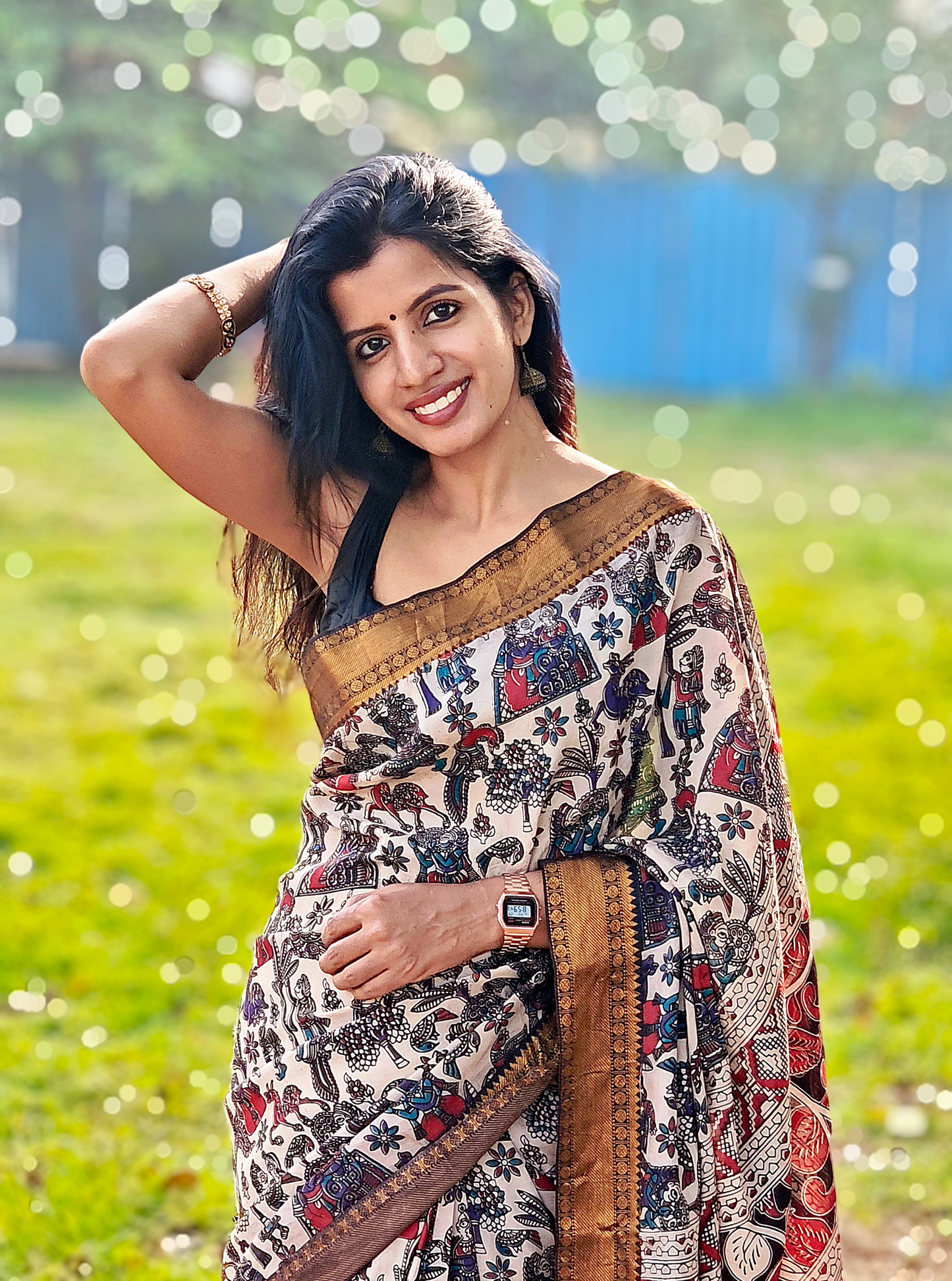 Elegant Cream Kalamkari Mangalagiri Silk Saree with Antique Gold Border