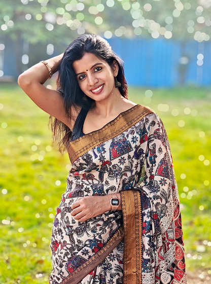 Elegant Cream Kalamkari Mangalagiri Silk Saree with Antique Gold Border