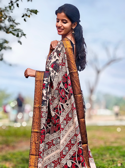 Elegant Cream Kalamkari Mangalagiri Silk Saree with Antique Gold Border